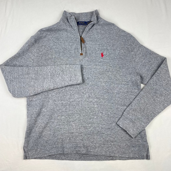 Polo Ralph Lauren Mens Quarter Zip Pullover Heather Grey Red Pony Logo Size M - Picture 2 of 8
